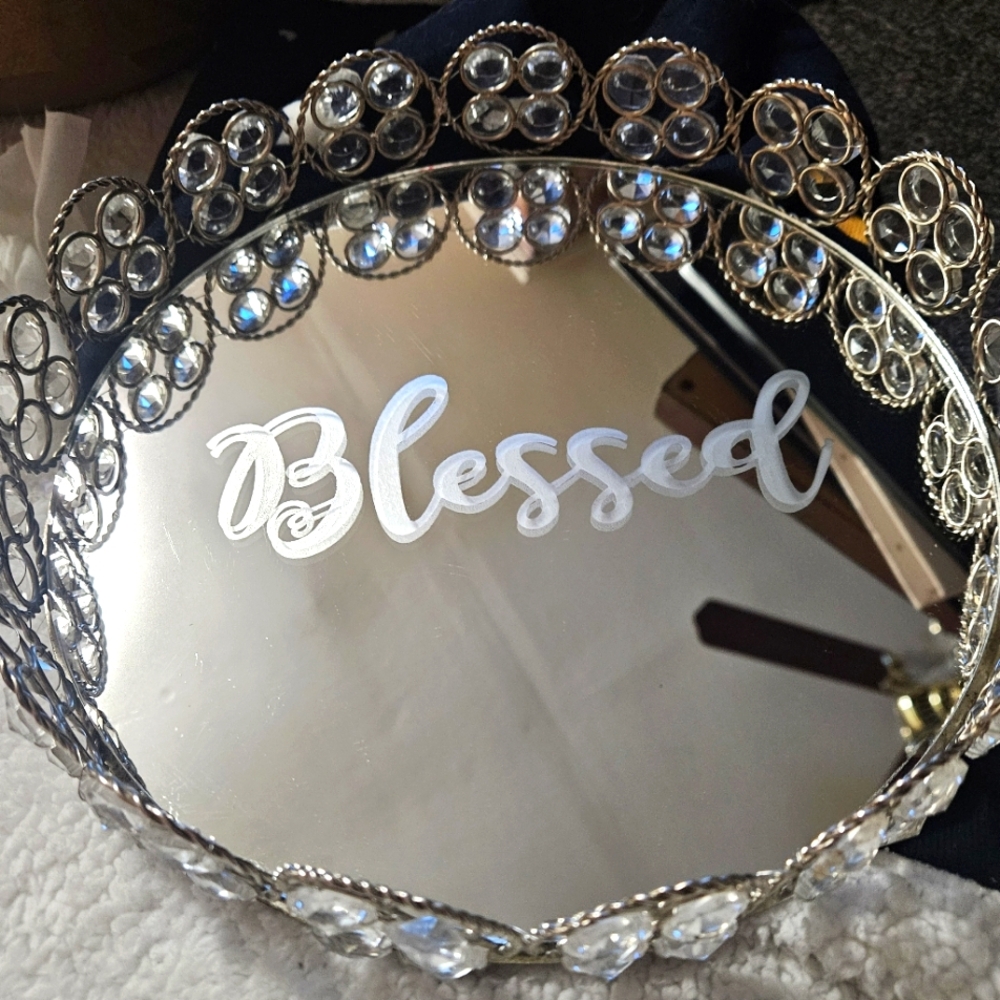 Beautiful Diamond Footed Mirrored Dresser Round Tray 9"×9"